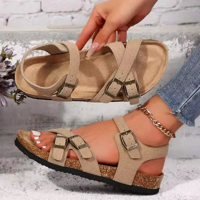 Women's Adjustable Buckle Sandals - Stylish Crisscross Laces With Cork Footbed For Summer