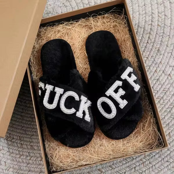 1 Pair Black Fluffy Slippers With Crossed Straps, Pearl & Rhinestone Letter Decor, Soft Comfortable House Slippers, Great Gift For Singles Party, Gift For Her